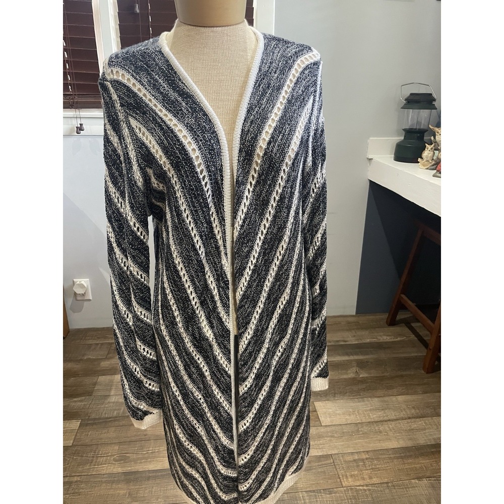 Christopher & Banks Navy & White Eyelet Chevron Open Cardigan Duster Sweater L
